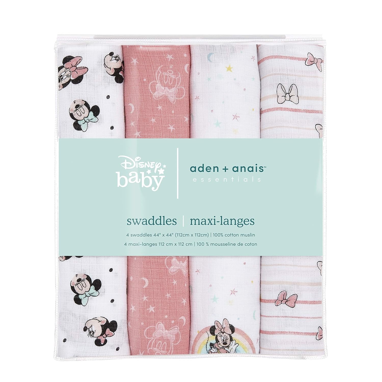 aden + anais Essentials Disney Baby 100% Muslin Cotton Swaddle Blanket, Female, 4 Pack, Minnie Rainbows