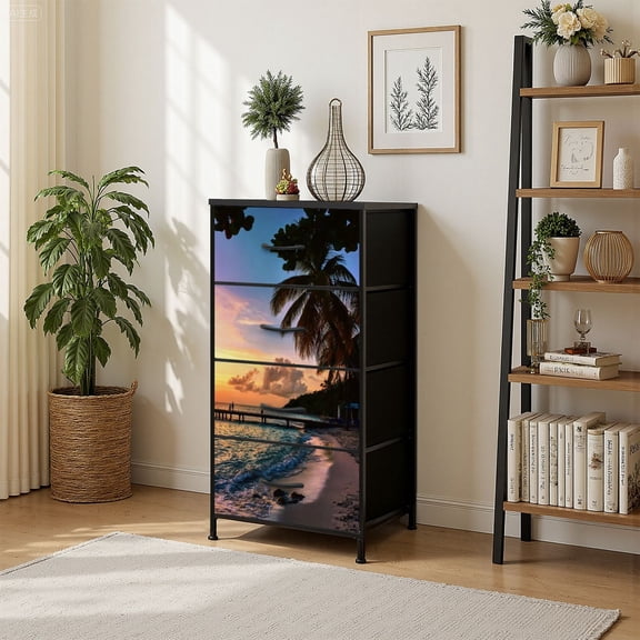 4 Drawer Vertical Storage Dresser Sunset Point Beach Tobago with Wood Top Fabric Pull Drawers