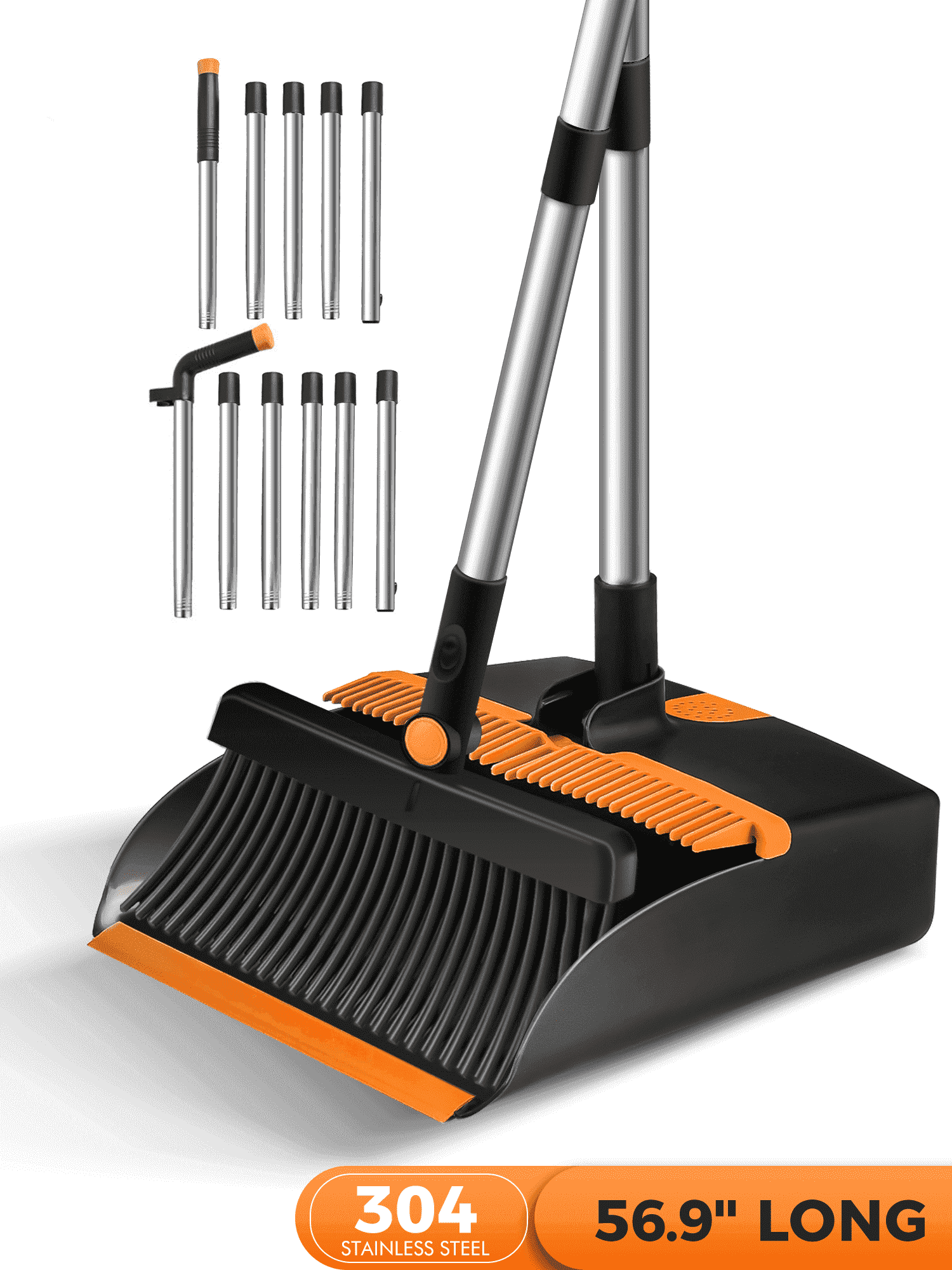 JEHONN, 54 inches Long Handle Broom and Dustpan Set, Black Orange