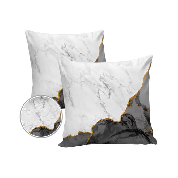 Pack of 2 Outdoor Pillow Covers, Black Grey White Marble Golden Lines Marble Abstract Art Modern Waterproof Square Throw Pillowcase Cushion Decorative Pillow Covers for Couch Patio Tent, 16x16 in
