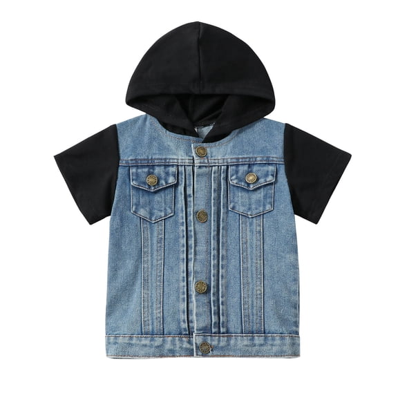 EnJoCho Toddler Boy's Color Bloc𝗄 Denim Jacket Hooded Short Sleeve Button Down Coat Outerwear Girl's Basic Denim Jacket Flap Pocket Girls Cowgirl Hooded Jacket Denim