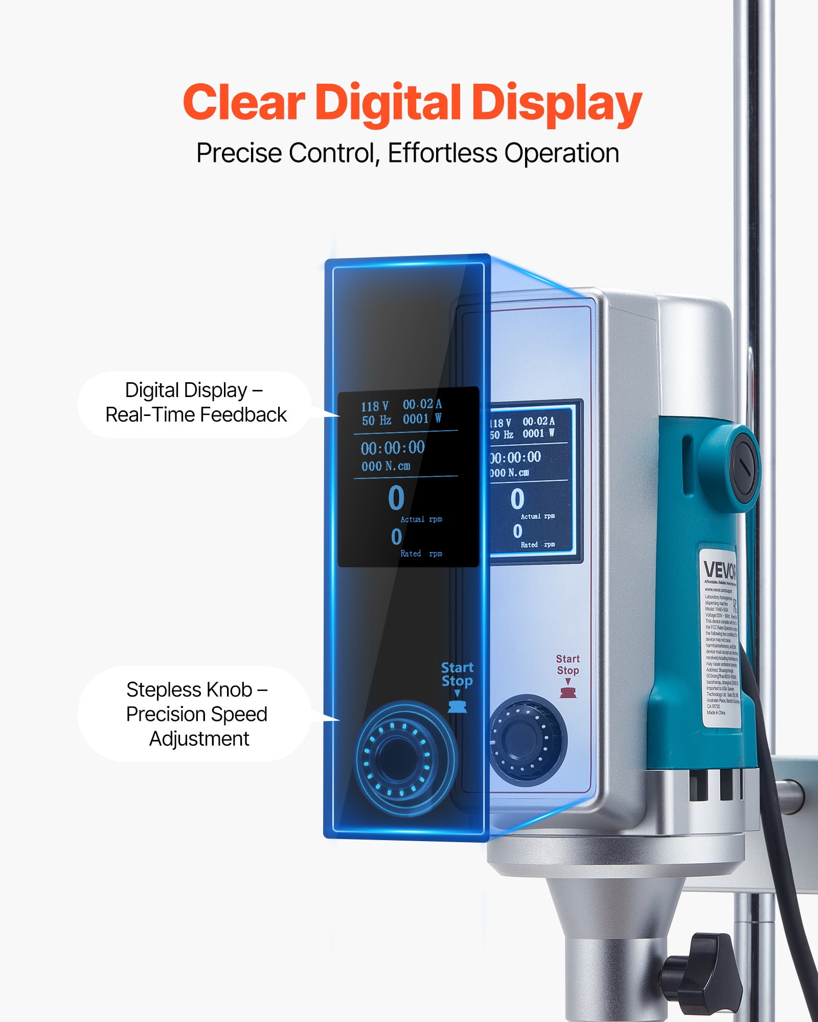 VEVOR Homogenizer, 900 W Laboratory High Speed Dispersing Homogenizer, 2000-28000RPM High Shear Lab Mixer Emulsification Machine, Digital Display Blender, Stainless Steel