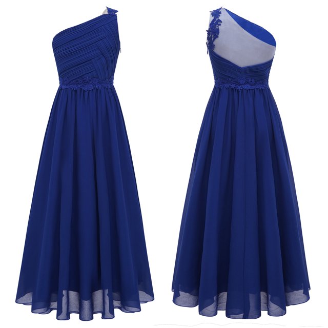 Alvivi Robe de Fête de Mariage en Chiffon Froncé pour Filles, Robe de Bal à une Épaule Bleue 12
