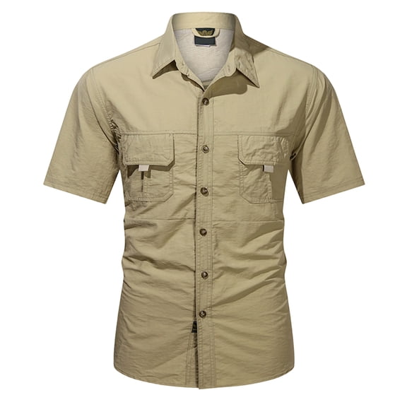 Men's Fishing Hiking Short Sleeve Cargo Shirts Lightweight UPF 50 Sun Protection Breathable Button Up Lapel Collar Dual Pocket Tactical Work Tops for Camping Outdoor Work