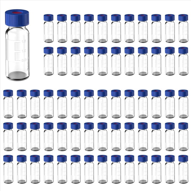 Paquete de 200 Viales para Muestreador Automático de 2 Ml - Viales para HPLC 9-425 Viales Transparentes con Tapones de Rosca Azules, Septos Rojos y Blancos