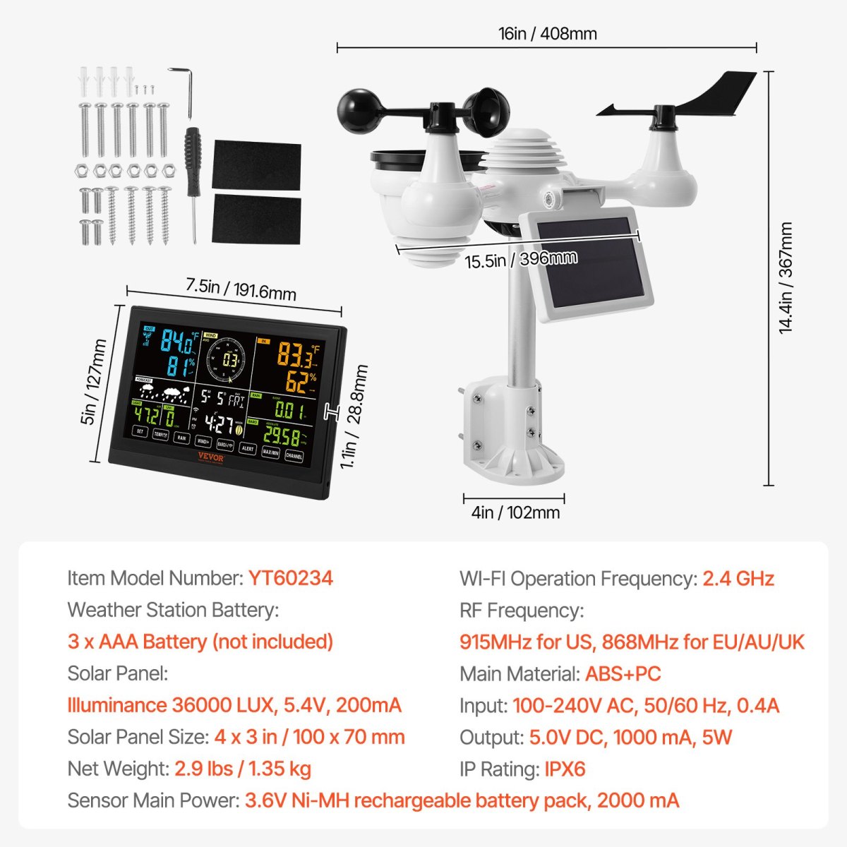 7-in-1 Wi-Fi Weather Station with 7.5" Color Display Home Indoor Outdoor Weather Station Solar-Powered Wireless Outdoor Sensor & Alarm Alerts for Temperature Humidity Wind Speed Direction & Rain