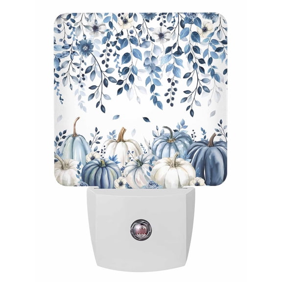 Fall Night Lights Auto Sensor Blue White Pumpkin Plug-in LED Nightlights Dusk to Dawn for Living Room, Bedroom, Hallway, Stairways Thanksgiving Wall Decor, Flowers Eucalyptus Leaves Night Light