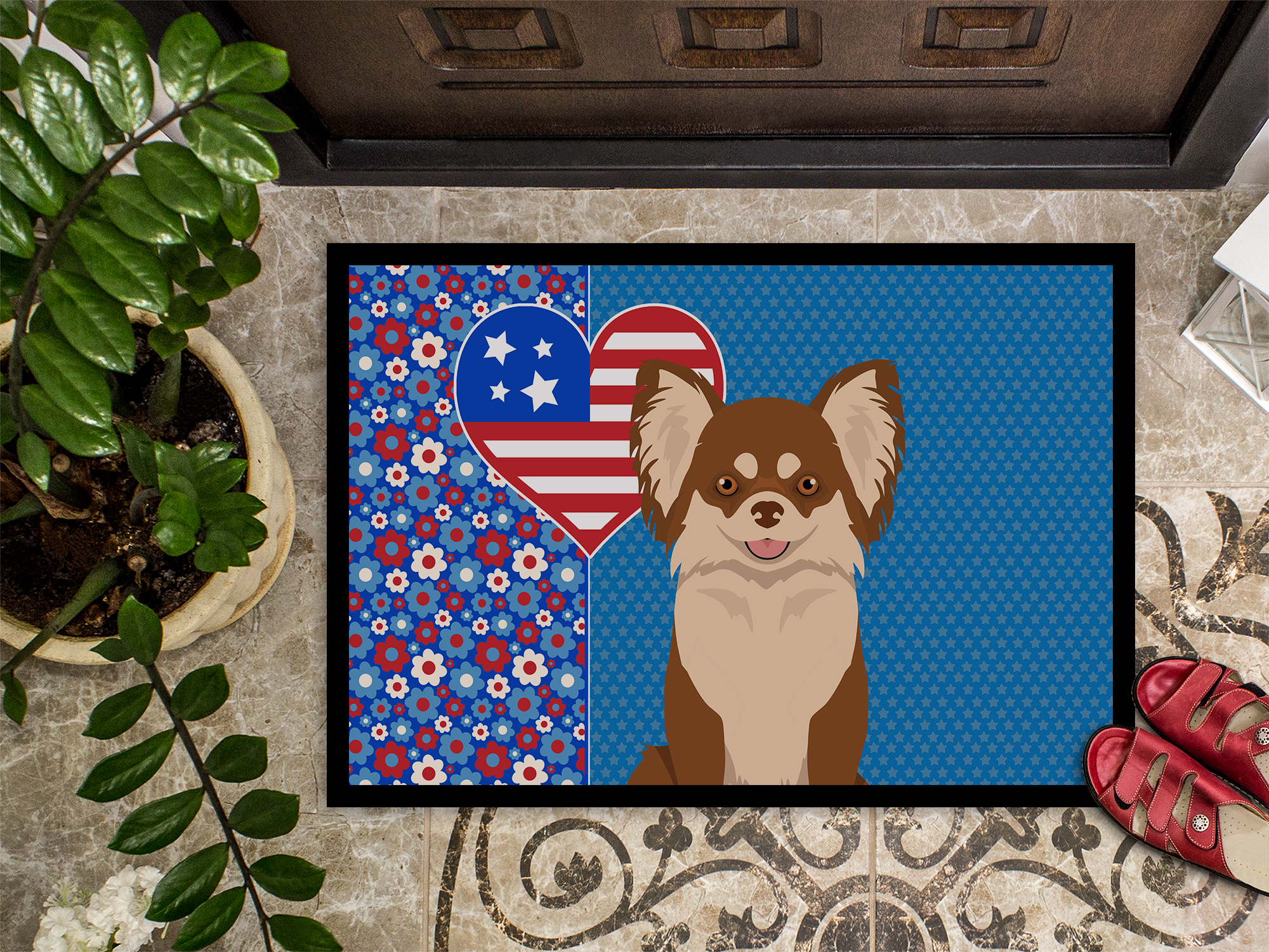 Longhaired Chocolate and White Chihuahua Indoor or Outdoor Mat 24x36 36 in x 24 in