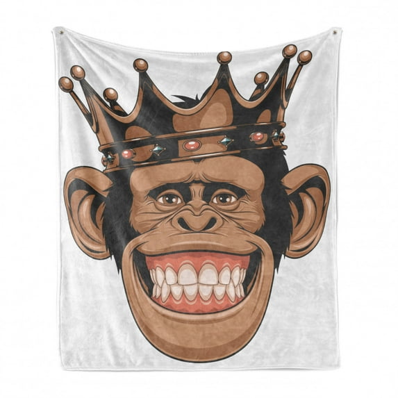 Funny Soft Flannel Fleece Throw Blanket, Whimsical King Chimpanzee Portrait with Crown on His Head Monkey, Cozy Plush for Indoor and Outdoor Use, 50" x 60", Taupe Pale Caramel and White, by Ambesonne