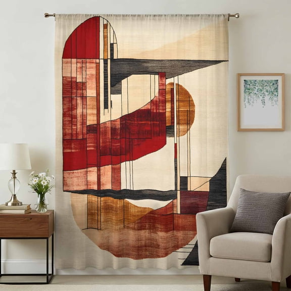 Burnt Orange Abstract Sheer Curtains 84 Inches Long, Modern Geometric Art Light Filering Curtains, Breathable Simi Curtain Privacy Drapes for Living Room Bedroom Lightweight Window Treatment