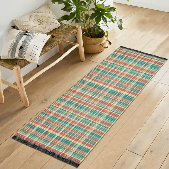 Yayeee Runner Rug for Bedroom 2'x6' Machine Washable Hallway Non Slip Mat, Red Green Tartan Pattern