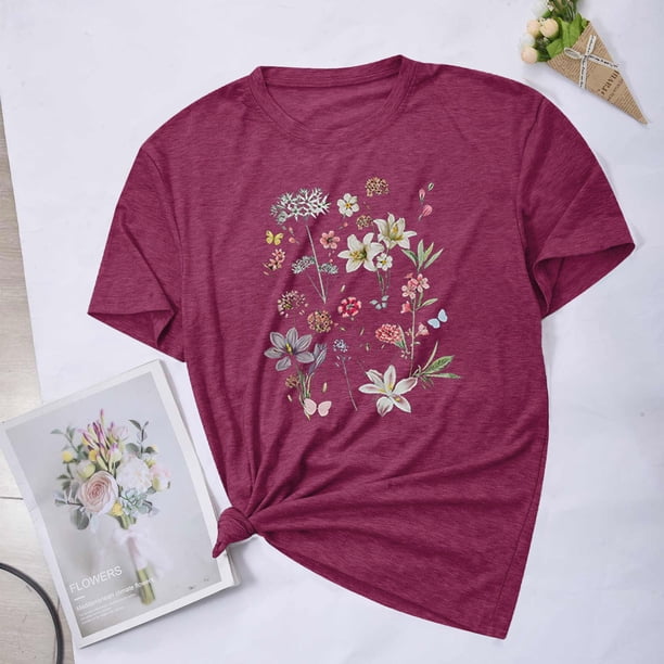 Fiudx Camisas para Mujer Blusas con Estampado de Flores Pequeñas para Mujer Top de Manga Corta con Cuello Redondo