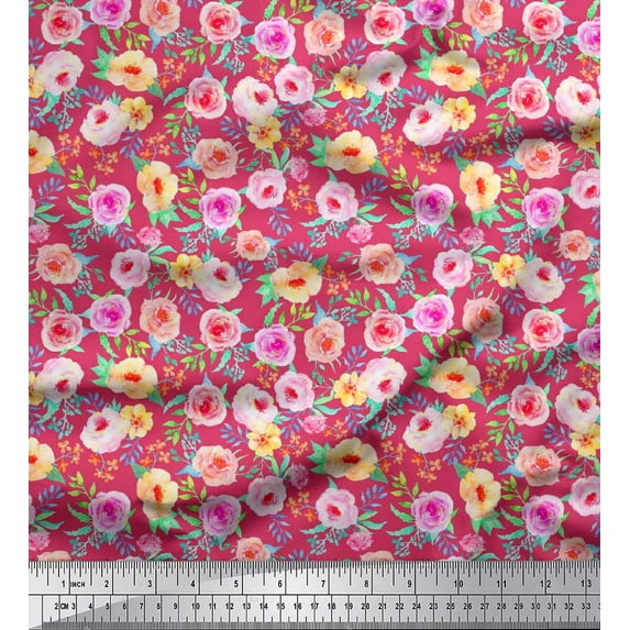 Soimoi Pink Crepe Silk Fabric Leaves & Floral Watercolor Print Fabric by Yard 42 Inch Wide
