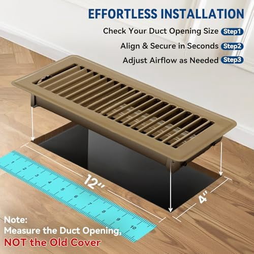 4" x 12" Floor Register Vent Covers 6-Pack, Walkable Powder-Coated Metal Vent Covers with Adjustable Airflow, Curved Safe Edges for Floor/Wall, Brown