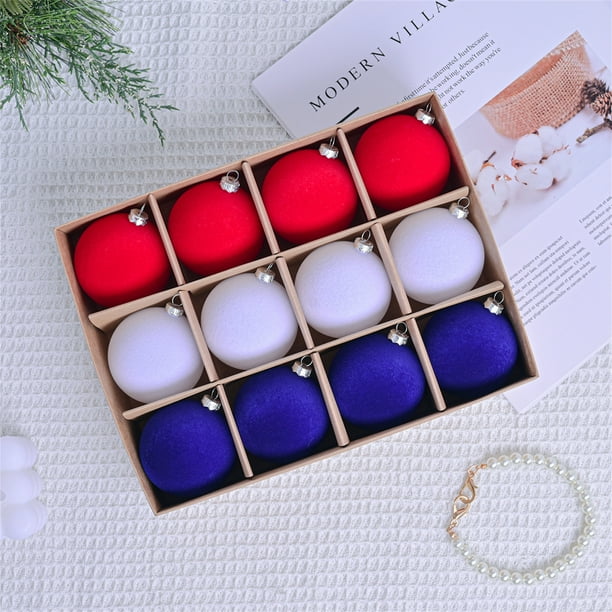 Conjunto de decoraciones de estrellas colgantes flocadas del Día de la Independencia | 6cm Adornos Patrióticos Rojo, Blanco, Azul | Decoración de fiestas en casa | Paquete de 12 piezas | Decoración