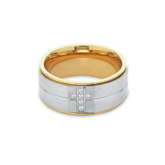 316L Stainless Steel Gold Plated IP 2-Tone White CZ Cross Ring Size 10