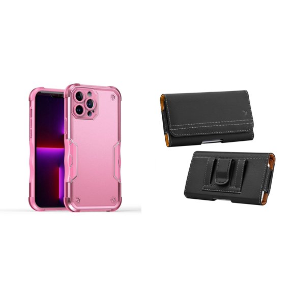 Case with Belt Holster Bundle for iPhone 14: Slim EX Hybrid Series Shockproof Case (Pink) and PU Leather Magnetic Phone Pouch