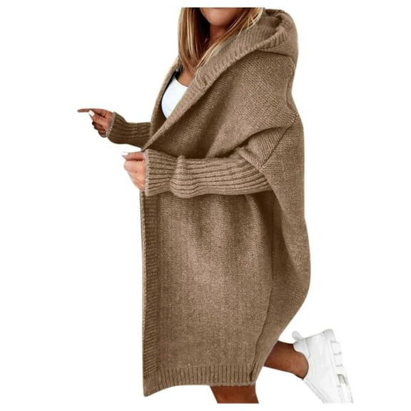 Cnbwig Women's Casual Cardigan Sweater Winter Sweater Solid Color Hooded Open Batwing Sleeve Oversize Long Coat Knitted Warm Jacket Cardigan Sweater Fashion Cover Ups A-Khaki L