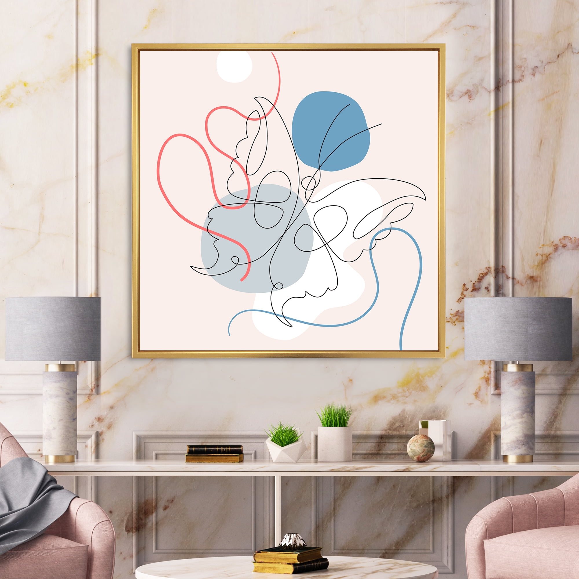 Designart 'Butterfly With One Line Drawing On Cubism Shapes I' Modern Framed Canvas Wall Art Print