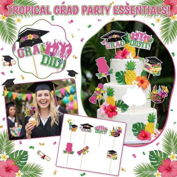 2026 Graduation Cupcake Toppers,24pcs Hawaiian Style Diploma Grad Cap Grad Cupcake Picks for Class of 2025 Graduation Party Cake Decorations Supplies