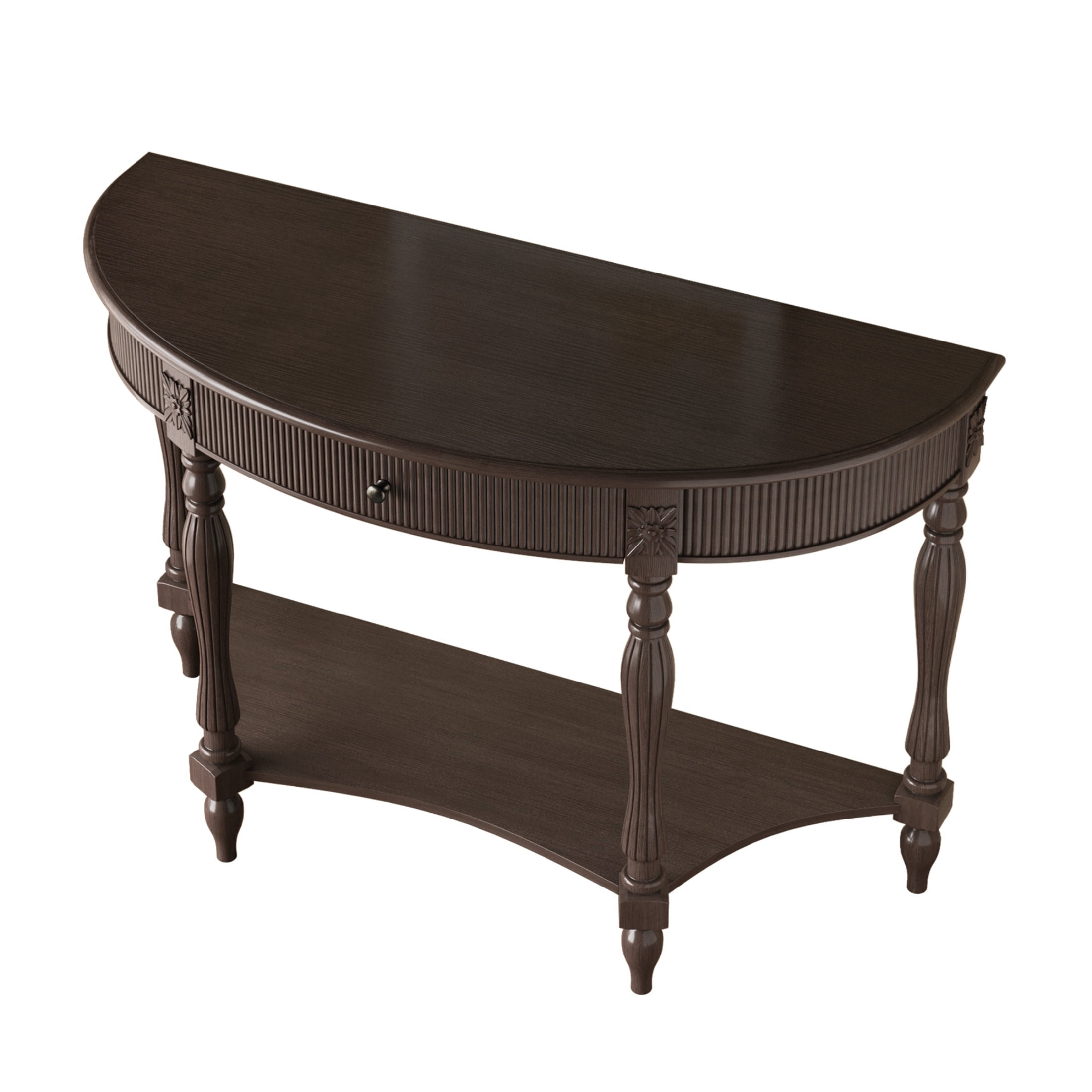 Accent Console Table with Semicircle Tabletop, Drawer & Shelf, Fluted Vintage Entryway Display Table, Sofa Table with Roman Legs