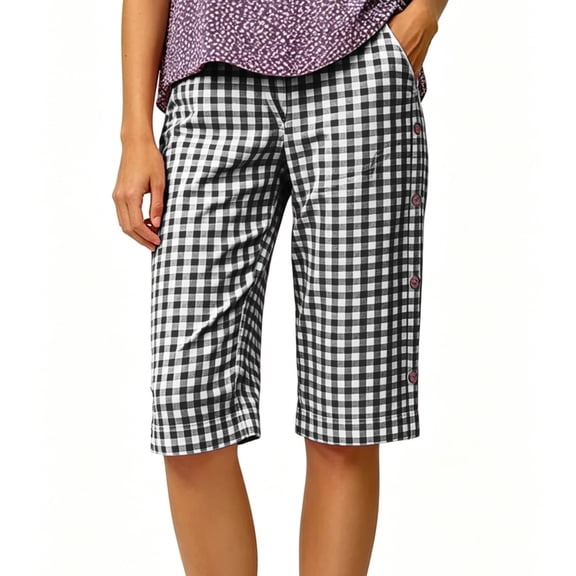 Womens High Waisted Checkered Shorts Elastic Waist Side Buttons Shorts Casual Boho Vacation Wear Black M