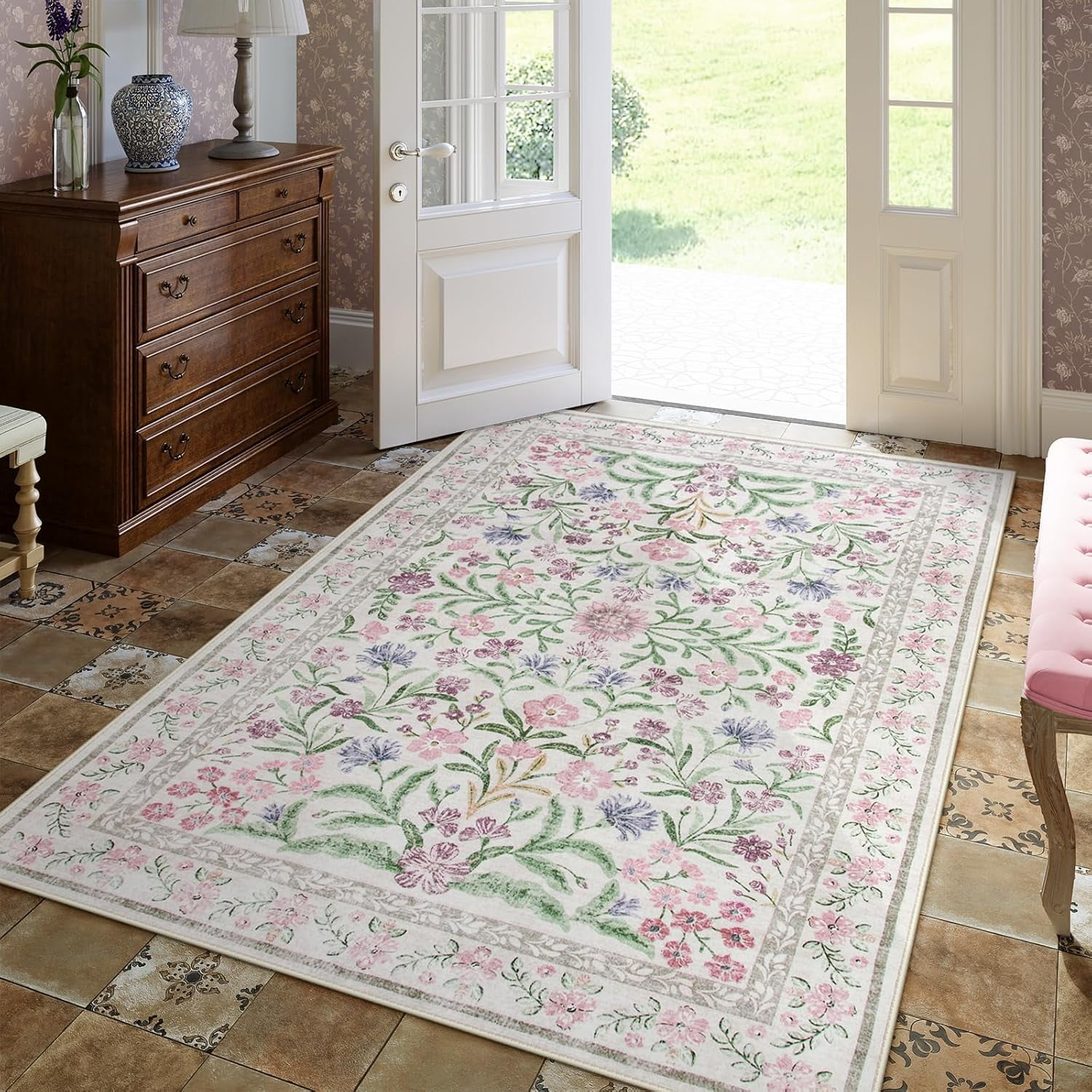 Lahome 5'x7' Washable Area Rug for Living Room with Non Slip Backing,Traditional Boho Rug,Low Pile Lightweight Carpet,Floral Print Mat,Better Home,Washable Machine for Bedroom,Purple