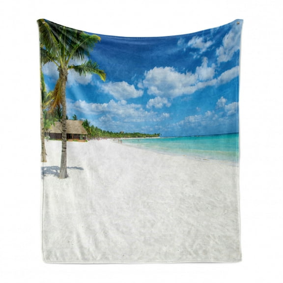 Beach Soft Flannel Fleece Blanket, Tropical Exotic Seashore with Palm Trees and Clear Sky Island Nature Summertime, Cozy Plush for Indoor and Outdoor Use, 50" x 60", Blue White Green, by Ambesonne