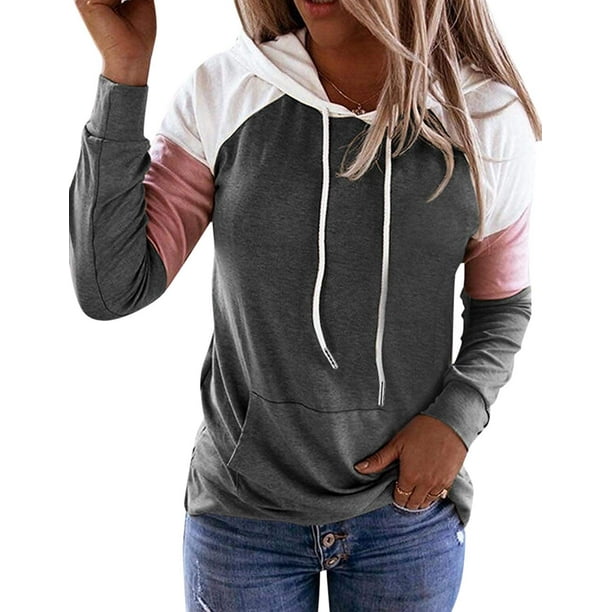 Sudaderas con capucha de bloque de color para mujer, sudadera de manga larga, jersey, túnica, tops con bolsillo para niñas y adolescentes Fokelyi WRMH-135-2