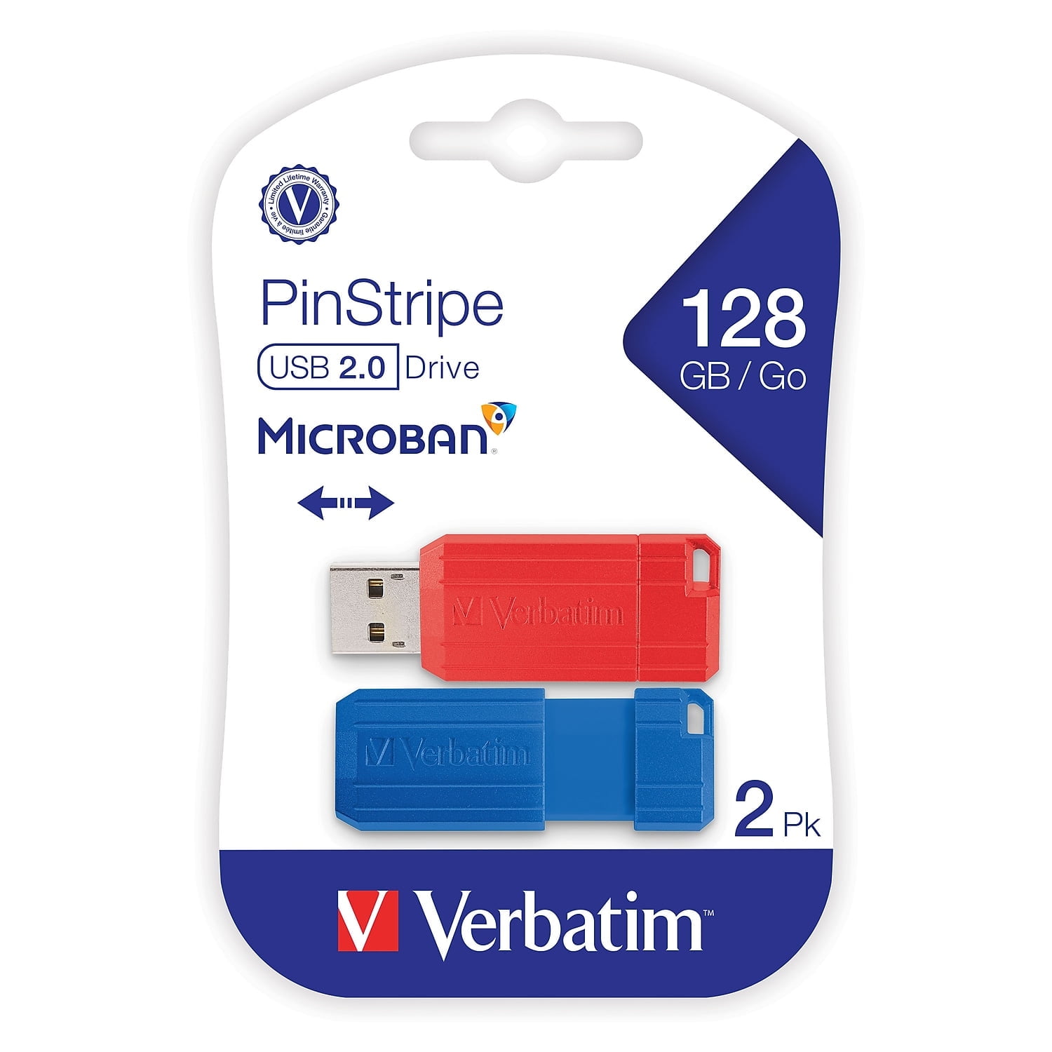 Verbatim PinStripe 128GB USB 2.0 Type-A Flash Drive Red and Blue 2/Pack (70391)