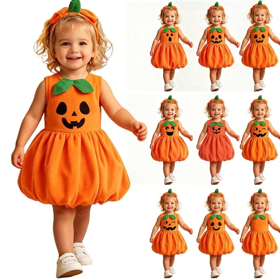Pandaie Toddler Girls Halloween Pumpkin Bubble Dress Multiple Face Applique with Headband Party Outfit Brick Red,3-4 Years