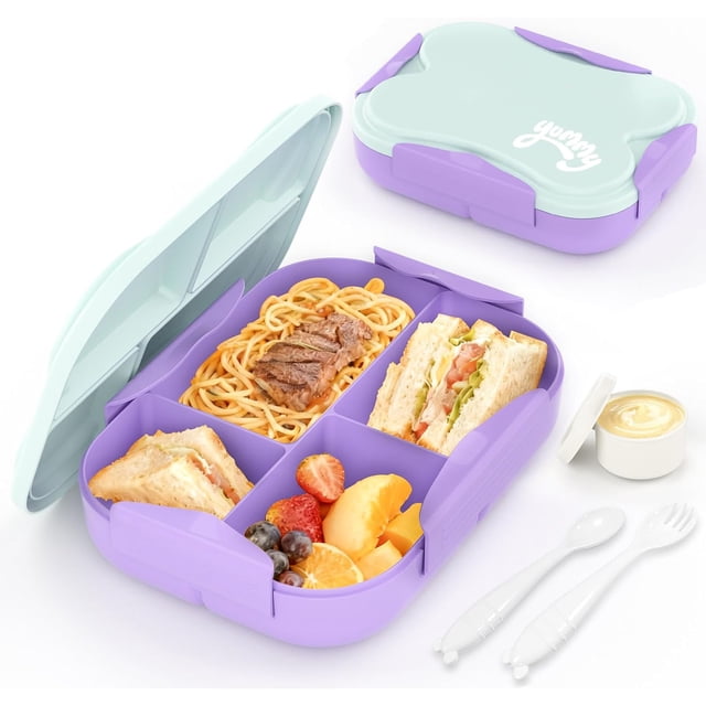 Lonchera Bento Niño, Bento Box Kids de 4 Compartimentos, Lonchera para Niños a Prueba de Fugas con Asa, con Tenedor y Cuchara, Contenedor de Bocadillos de Frutas para la Escuela y Picnic (Púrpura)