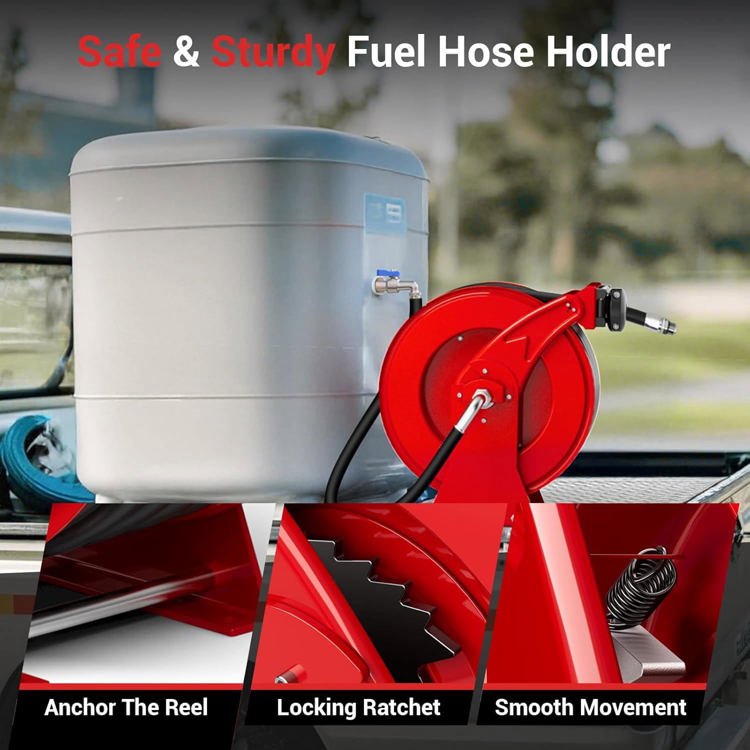 Fuel Hose Reel, 1" x 33' Retractable Diesel Hose Reel, Heavy-Duty Carbon Steel Construction with Automatic Fuel Nozzle, NBR Rubber Hose for Aircraft Ship Vehicle Tank Truck, 300 PSI, Red