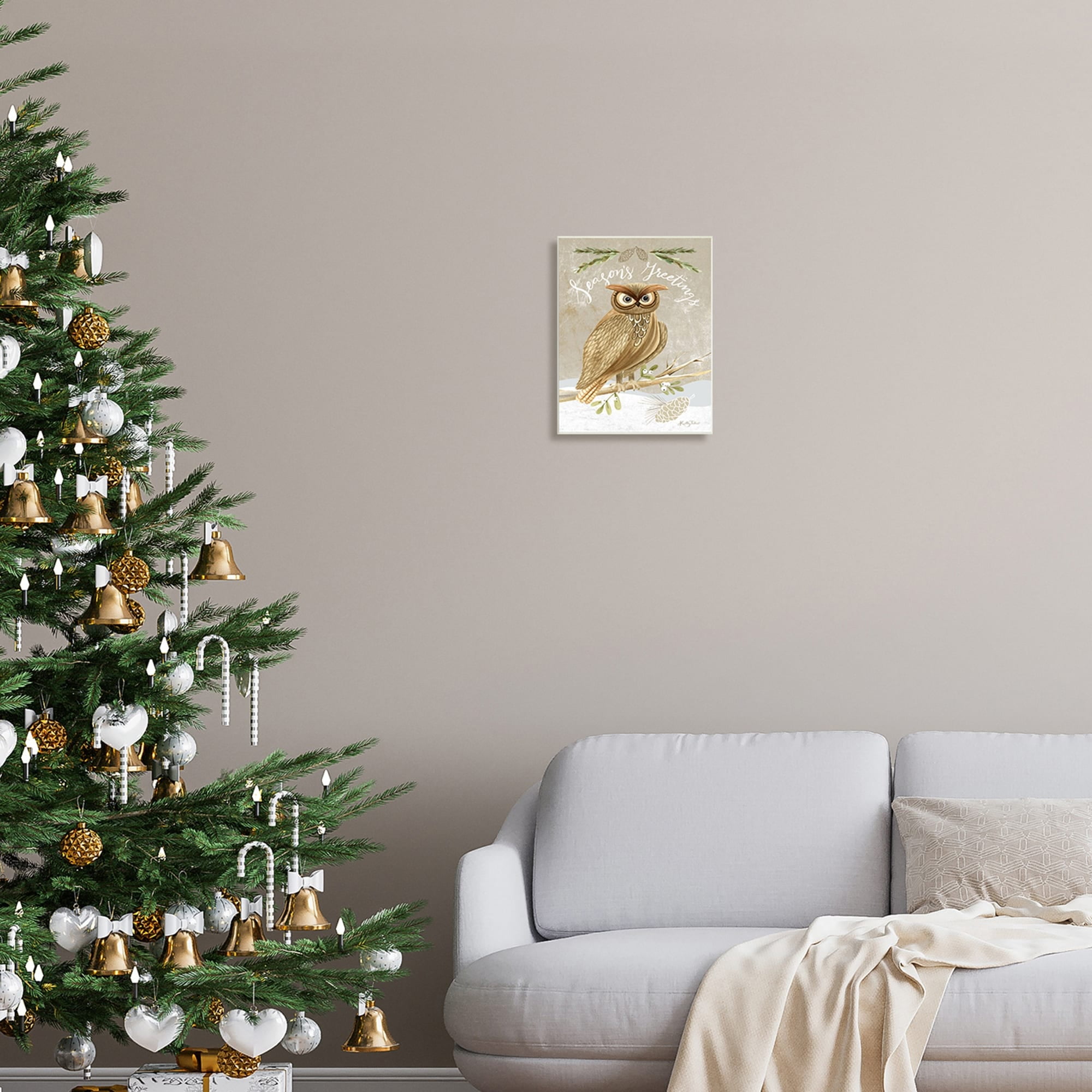 Season's Greetings Winter Snowscape Owl Perched Pinecones Animals & Insects Graphic Art Unframed Art Print Wall Art