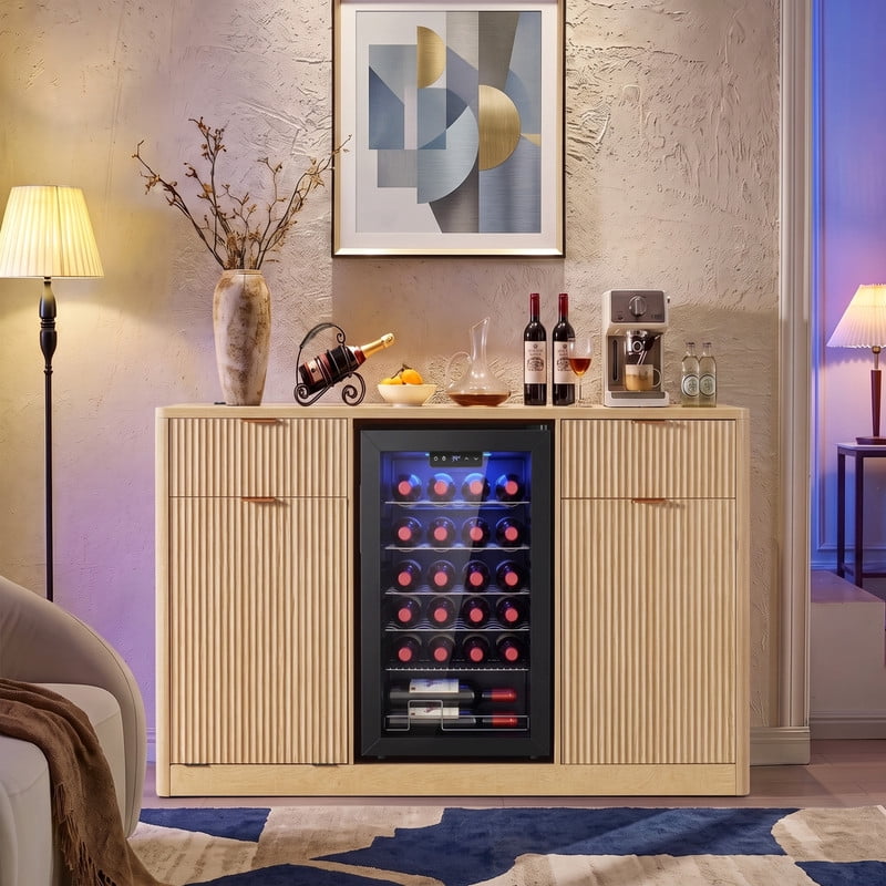 59"W Coffee Bar Storage Cabinet with Small Fridge Space, Kitchen Sideboard Buffet with Tilt-Out Trash Cabinet & Charging Station