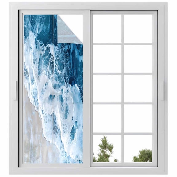Beach Wave Modern Art Window Privacy Film Watercolor Blue Ocean Decorative Glass Window Film UV Blocking Static Cling Non-Adhesive Sticker Covering for Home Door 23.6 x 59 inches