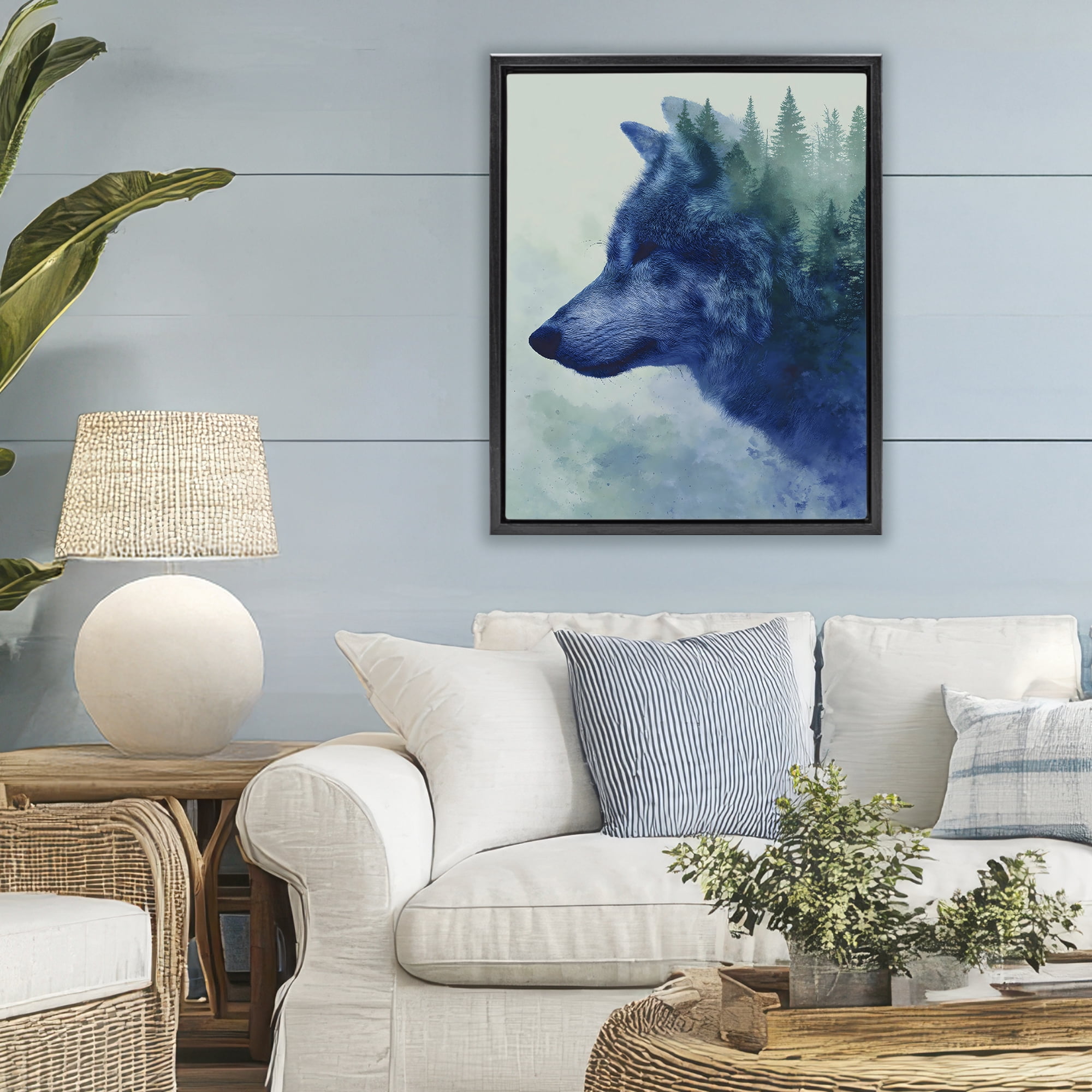 Stupell Industries Indigo Wolf in Misty Pines Black Framed Floater Canvas Wall Art, design by Franklyn Gregory