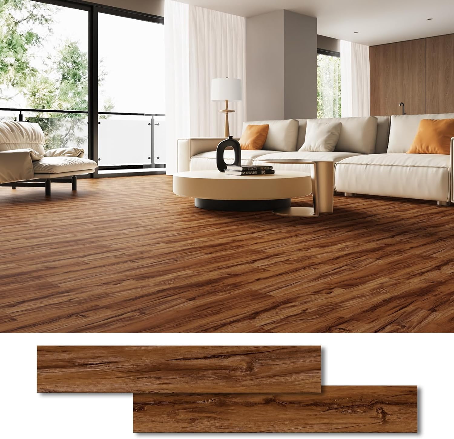 Peel and Stick Plank Flooring, 37-Pack (54 Sq.Ft) Luxury Vinyl Plank Flooring, Warm Brown, Self-Adhesive Flooring for Kitchen, Living Room, Bedroom, RV
