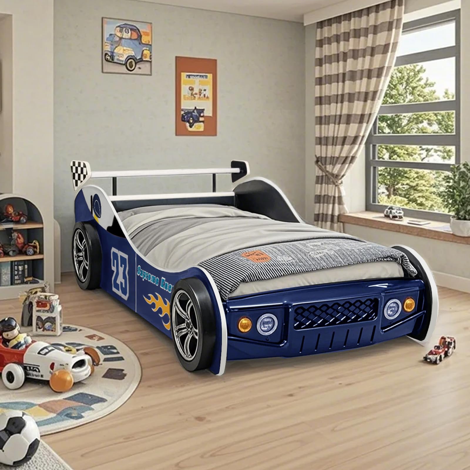 BFJDM Twin-Size Car Bed for Kids, Race Car-Shaped Wooden Platform Bed Frame with Headboard, Wheels for Boys, Toddlers, and Children's Bedrooms Blue
