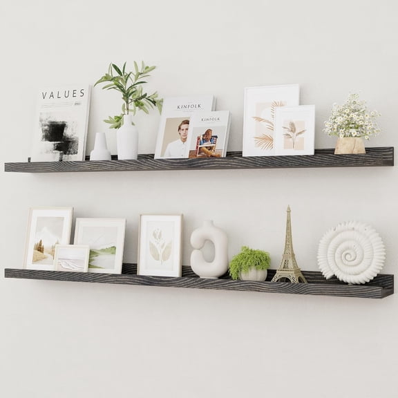 Picture Ledge Shelf, Solid Pine Wood Rustic Floating Shelves for Wall, 48 Inch Long Floating Shelves with Lip for Bedroom Kitchen Living Room Nursery Display, Set of 2 (Grey)
