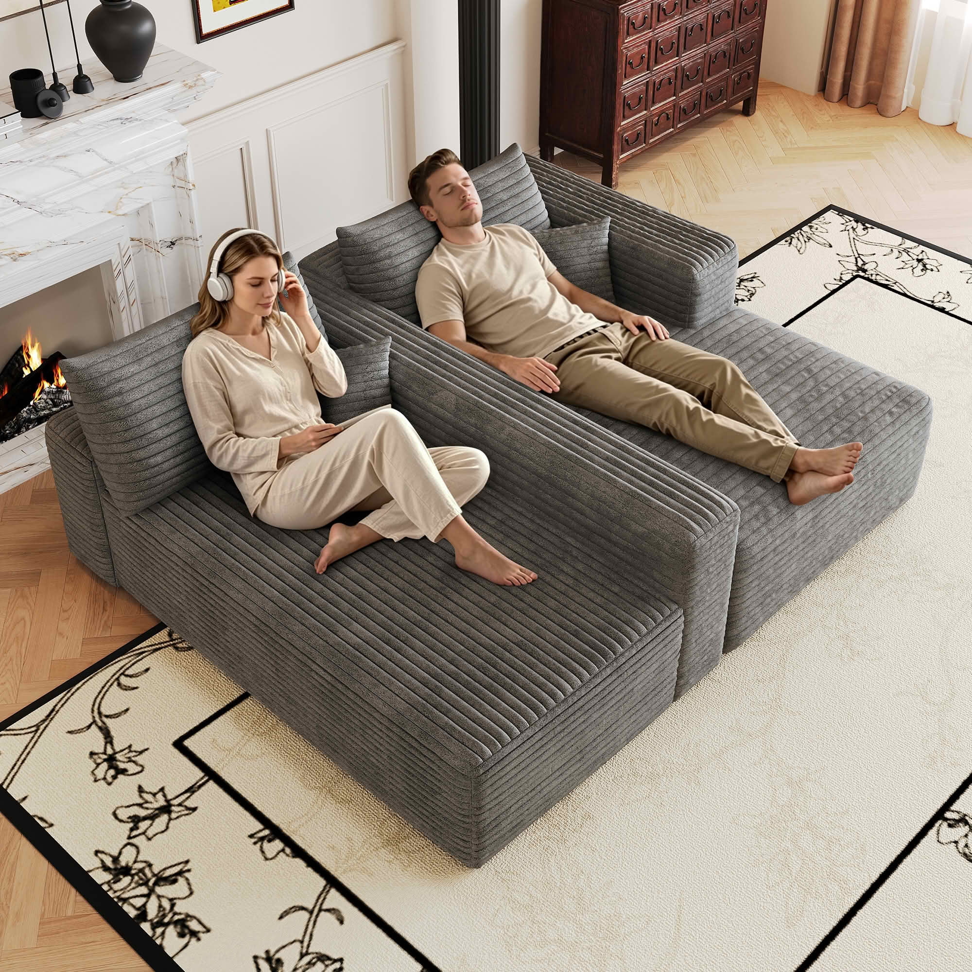 MAYEERTY 103 Inch Cloud L Shaped Sectional Sofa, Plush Corduroy Deep Seat Corner Couch, No Assembly Required Modern Minimalist Sofa for Living Room