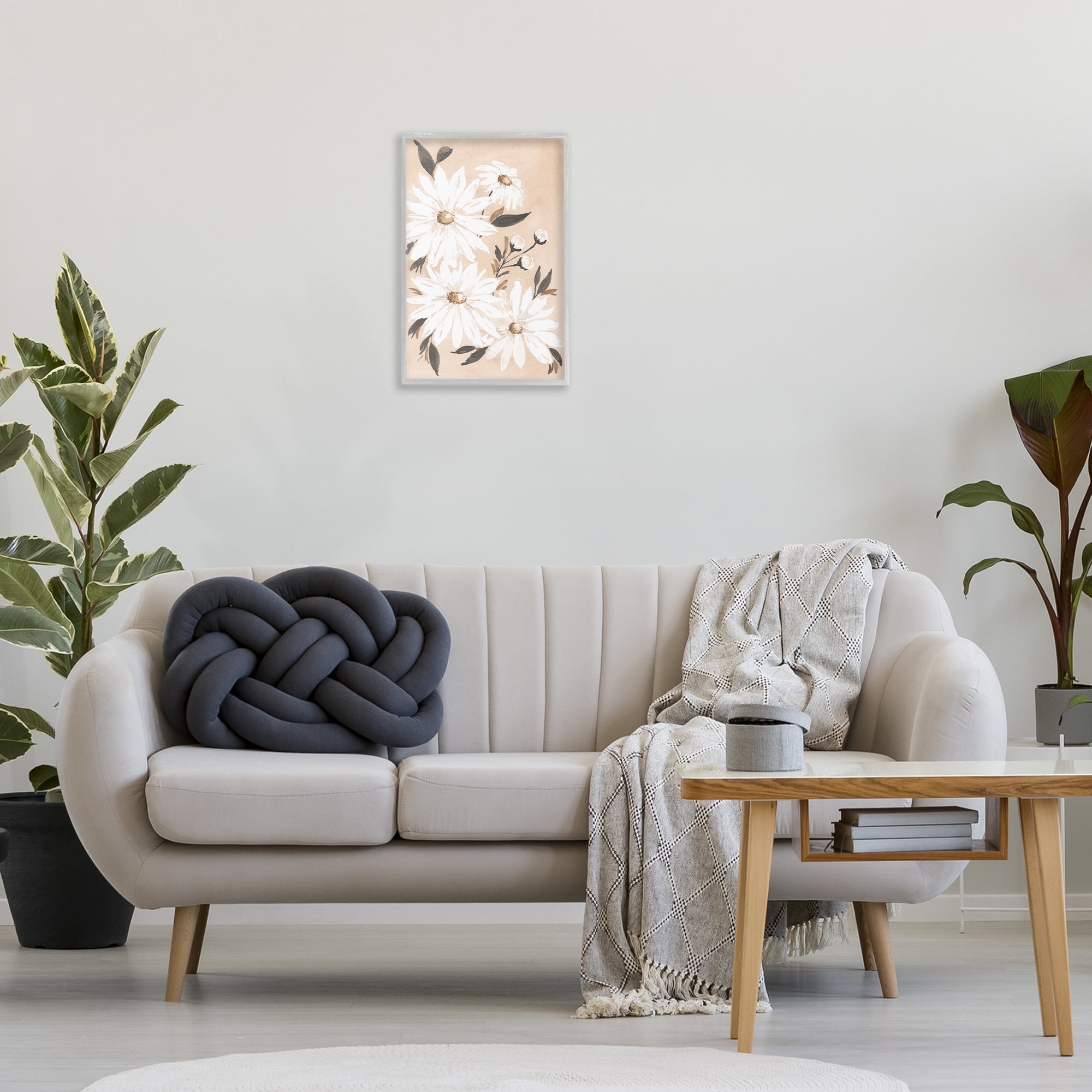 Stupell Industries Muted Neutral Daisies Botanical & Floral Painting Gray Framed Art Print Wall Art, 16 x 24