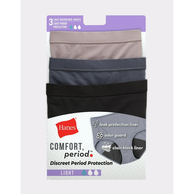 Hanes Comfort, Period. Women's Brief Underwear, Light Leaks, Neutrals,  3-Pack Assorted 7