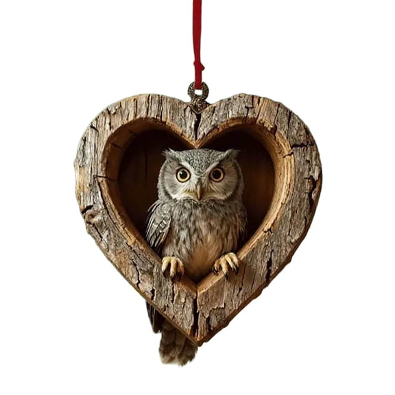 LanSuare Animal Ornaments for Christmas Tree, 3.1" 2D Heart-shape Acrylic Forest Animal Christmas Ornaments, Christmas Hanging Ornament, Gift for Animal Lovers (Owl)