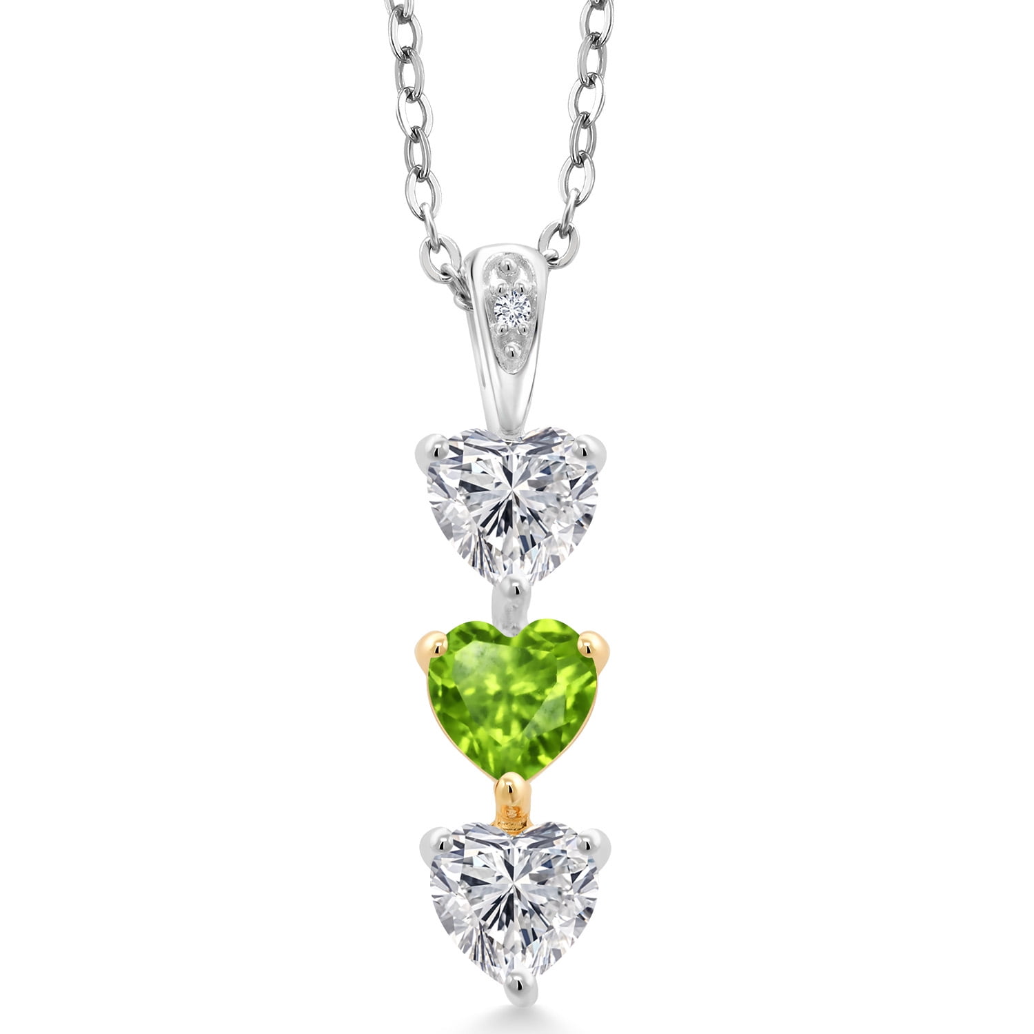 Gem Stone King 925 Silver and 10K Yellow Gold Lab Grown Diamond and Green Peridot Pendant Necklace for Women | 1.39 Cttw | Gemstone April Birthstone | Heart Shape 5MM | With 18 inch Chain