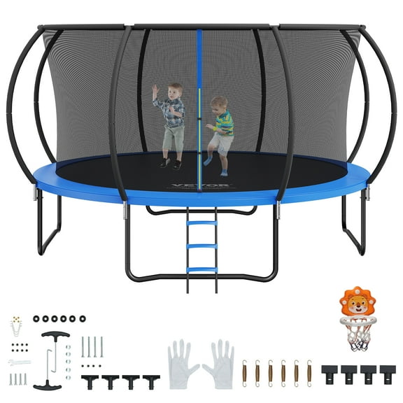 VEVOR 14FT Trampoline, 450 lbs Trampoline with Enclosure Net, Ladder, and Curved Pole, Heavy Duty Trampoline with Jumping Mat and Spring Cover Padding, Outdoor Recreational Trampolines for Kids