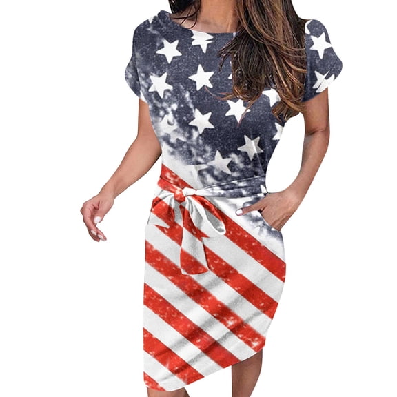 Fourth of July Women Patriotic Dress Patchwork Short Sleeve Tie Waist With Pockets Sundress Blue XL