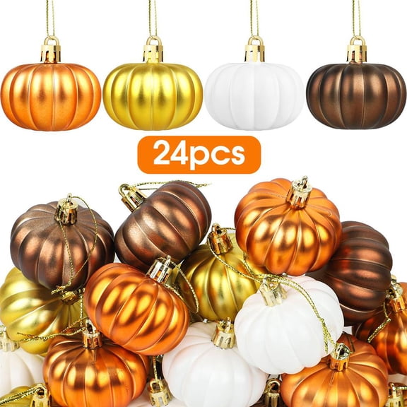 24 Pcs Mini Pumpkins Halloween Decor, Tiny Fall Hanging Ornaments for Tree, Shatterproof Figurines with String