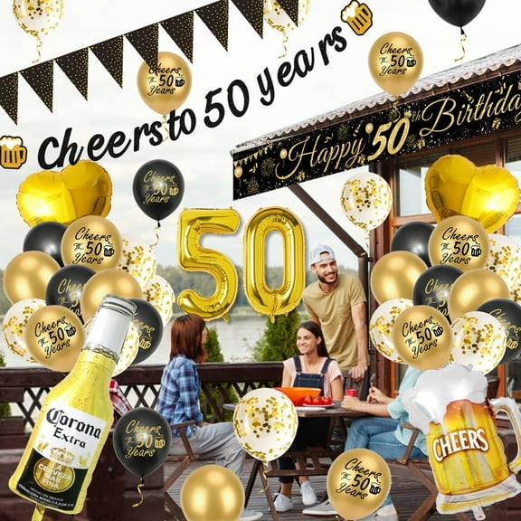 AYUQI 50th Birthday Decorations for Men Women, 50th Happy Birthday Decoration Kit with Cheer Banner, Number 50 Foil Balloon, 50th Black Gold Balloons Beer Mug Foil Balloons for Party Supplies