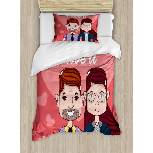 Nerdy Duvet Cover Set I Love You Calligraphy With Heart Cartoon Couple Valentine S Day Themed Composition Decorative Bedding Pillow Shams Multicolor By Ambesonne Com Nerdy Duvet Cover Set I Love You, Nerdy King Size Bedding